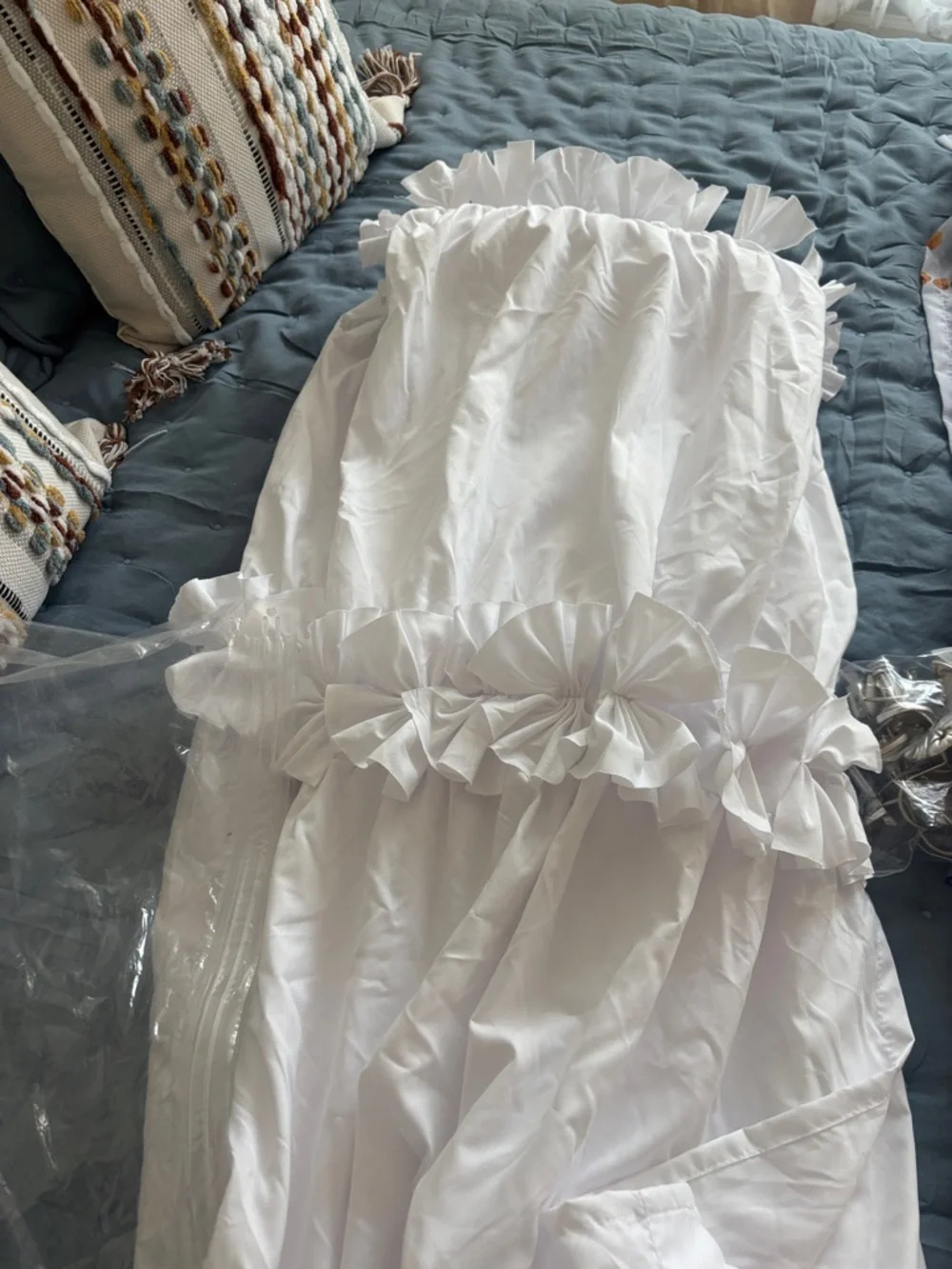 White Ruffled cotton 3 tiers Shower Curtain with Hooks